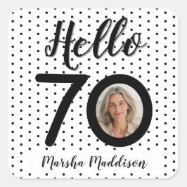 Adesivo Quadrado Olá, 70 Pontos Pretos e Brancos Foto e Nome Aniver