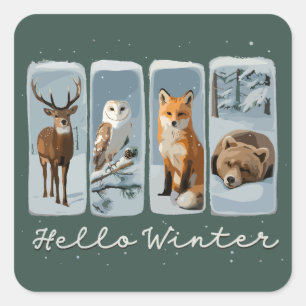 Adesivo Quadrado Olá, Animais De Inverno Deer Owl Fox Bear Cozy Sea