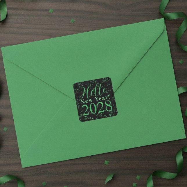 Adesivo Quadrado Olá Ano Novo! Véspera de Ano Novo Verde Preto Bril (Criador carregado)