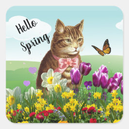 Adesivo Quadrado Olá Gato Sazonal de Primavera no Jardim
