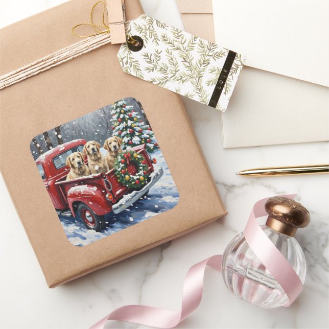 Adesivo Quadrado Old English Sheepdog Christmas Red Truck Holiday (Presentear)