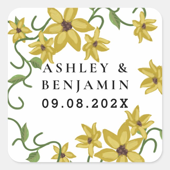 Adesivo Quadrado Óleo de Mão Botânica Amarelo de girassol (Frente)