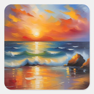 Adesivo Quadrado Óleo Pintura do pôr do sol laranja sobre o oceano