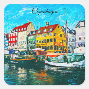 Adesivo Quadrado Óleo sobre tela de frente marítima de Nyhavn em Co