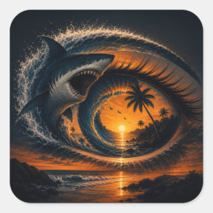 Adesivo Quadrado Olho da Onda – Pôr do Sol Surreal dos Tubarões