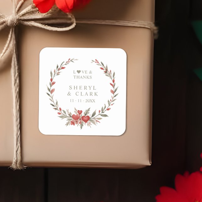 Adesivo Quadrado Olive Green Floral Hearts Romantic Wedding Wreath (Olive Green Floral & Hearts Romantic Wedding Garland Square Stickers.)