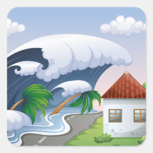 Adesivo Quadrado Onda de Tsunami Atingindo Estrada Costeira Tempest