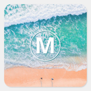 Adesivo Quadrado Ondas da Praia, Monograma Branco em Círculo