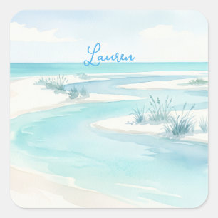 Adesivo Quadrado ondas de praia em aquarela azul pastel nome editáv