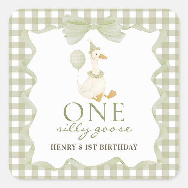 Adesivo Quadrado One Silly Goose Gingham 1st Birthday Sticker (Frente)