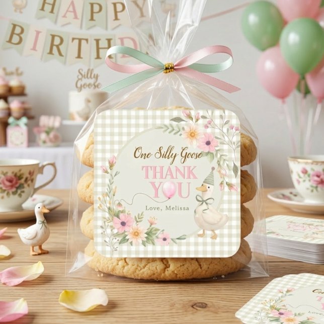 Adesivo Quadrado One Silly Goose Gingham Floral Thank You (Criador carregado)