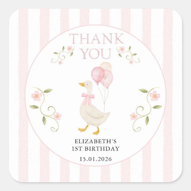 Adesivo Quadrado One Silly Goose Girl 1st Birthday Pink Thank You (Frente)