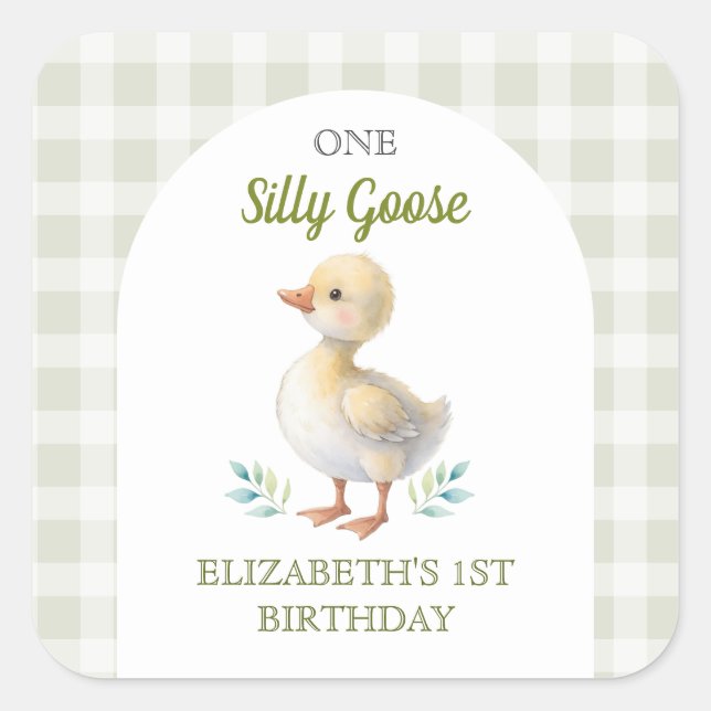 Adesivo Quadrado One Silly Goose Green Gingham Baby First Birthday (Frente)