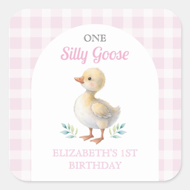 Adesivo Quadrado One Silly Goose Pink Gingham Girl First Birthday (Frente)