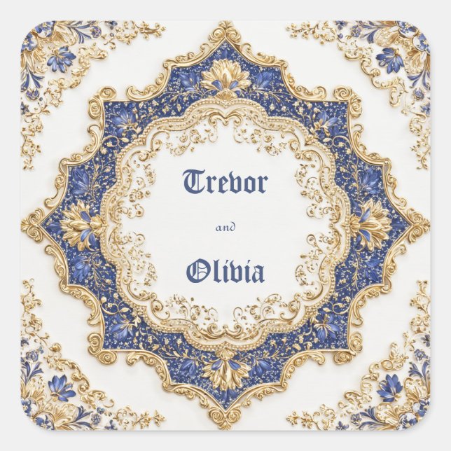Adesivo Quadrado Opulento Royal Azul Dourado Barroco Estrela Explod (Frente)