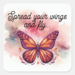 Adesivo Quadrado Orange and Maroon Monarch Butterfly with Saying