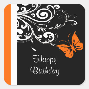 Adesivo Quadrado Orange Butterly Swirls Feliz Aniversário