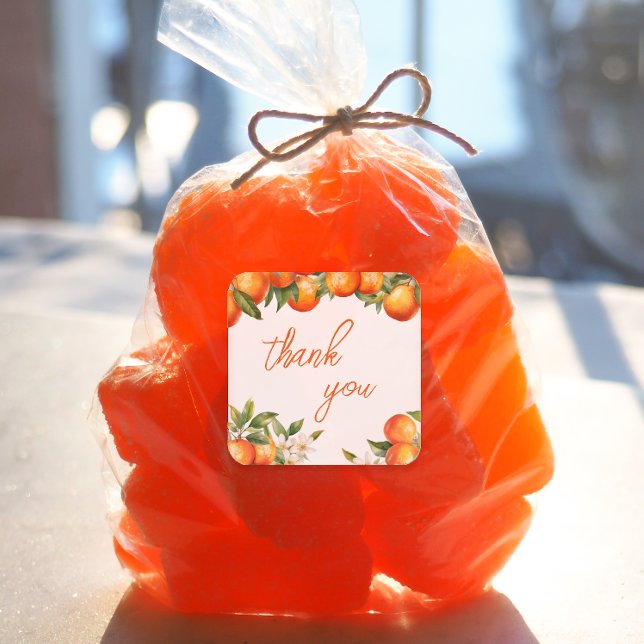 Adesivo Quadrado Orange Cutie Obrigado (Little Cutie party favor sticker)