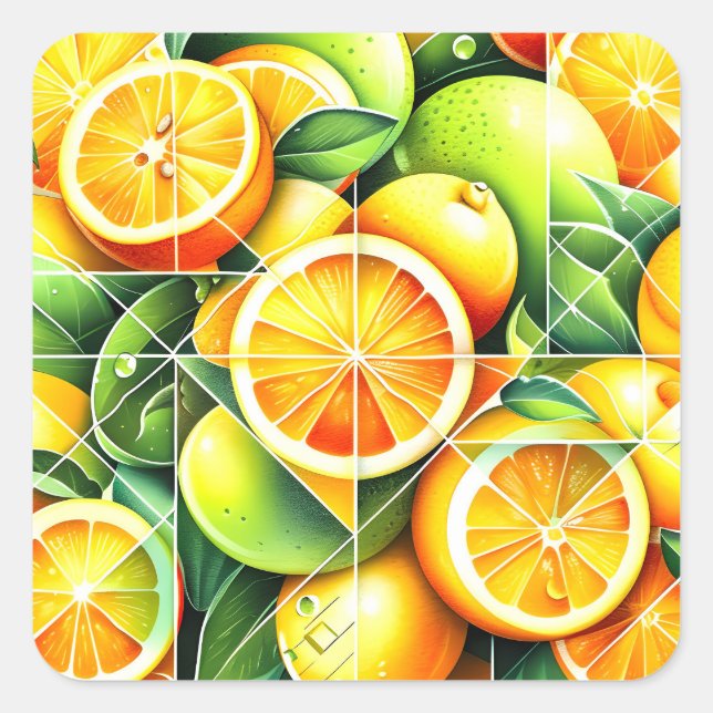 Adesivo Quadrado Orange Lemon Botanical Citrus Geometric (Frente)