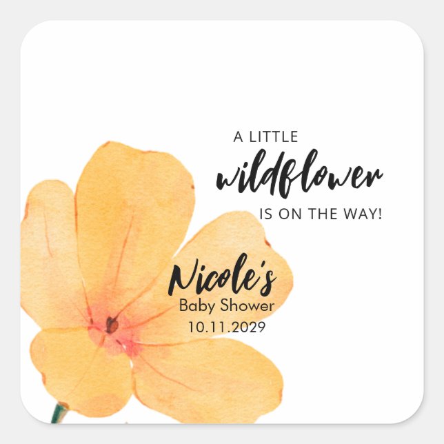 Adesivo Quadrado Orange Little Wildflower On the Way Baby Shower (Frente)