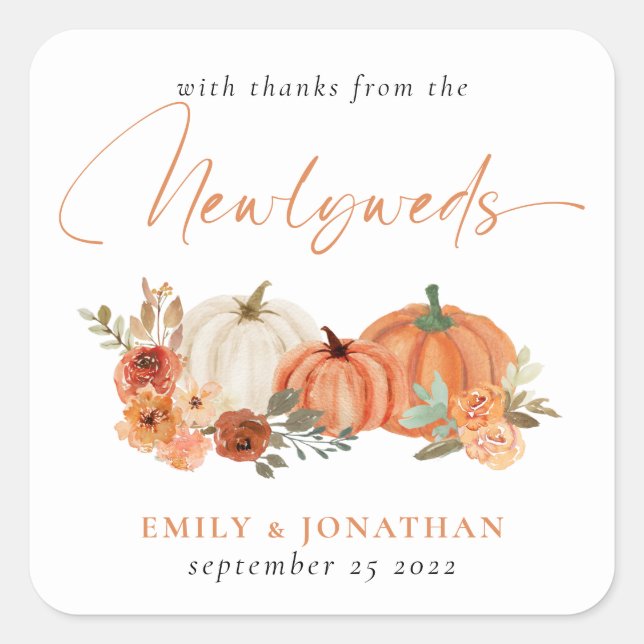 Adesivo Quadrado Orange Pumpkins Florals Obrigados de Newlyweds (Frente)