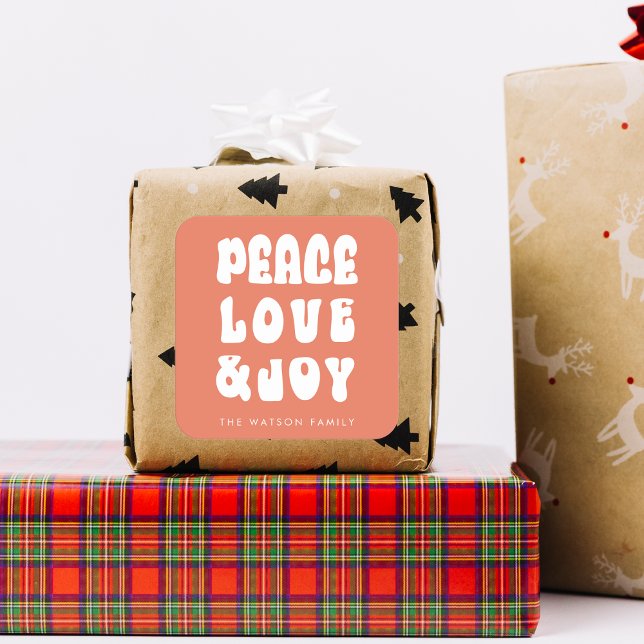 Adesivo Quadrado Orange Retro Groovy Peace Love Joy Holiday (Orange Retro Groovy Peace Love Joy Holiday Square Sticker)