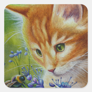 Adesivo Quadrado Orange Tabby Kitten & Bumblebee Watercolor Art