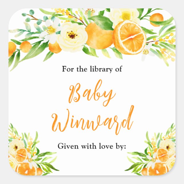 Adesivo Quadrado Oranges Citrus Baby Shower Bookplate (Frente)