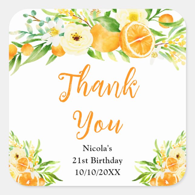 Adesivo Quadrado Oranges Citrus Birthday Thank You (Frente)