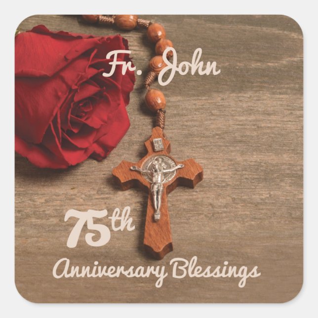 Adesivo Quadrado Ordenação do Padre 75º Aniversário Rosa e Rosary (Frente)