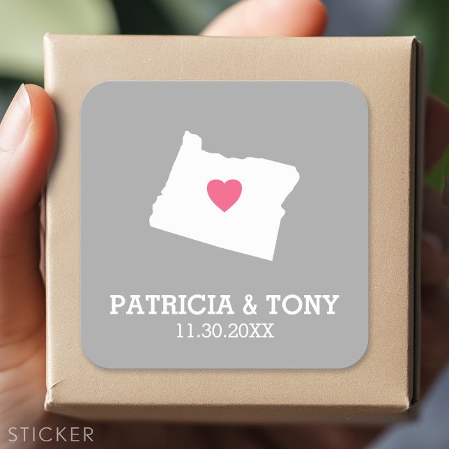 Adesivo Quadrado Oregon Map Home State Love com Coração Opcional (Custom Sticker)