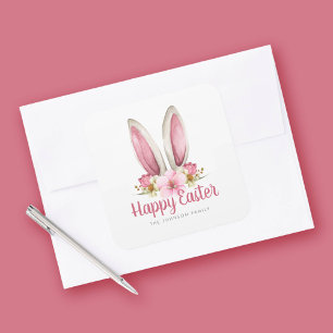 Adesivo Quadrado Orelhas de Coelho Florais Rosa Fofo Feliz Páscoa