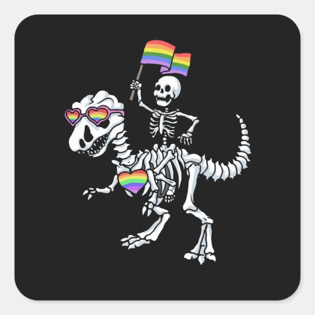 Adesivo Quadrado Orgulho gay de esqueleto de Rex T Rex LGBT Hallowe (Frente)