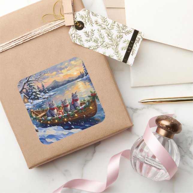 Adesivo Quadrado Oriental Blue Cat Christmas Boat Holiday (Presentear)