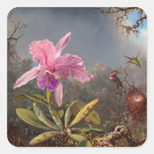 Adesivo Quadrado Orquídea Cattleya e três beija-flores por Heade