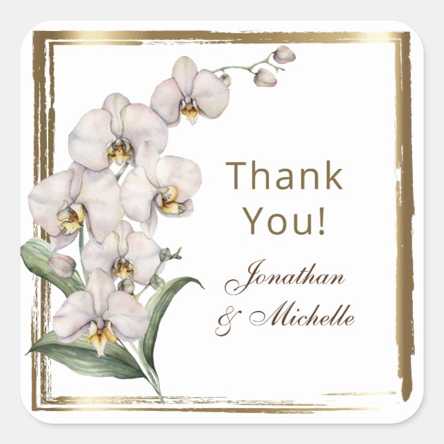 Adesivo Quadrado Orquídeas Brancas Elegantes Quadro Dourado Obrigad (Frente)
