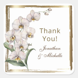 Adesivo Quadrado Orquídeas Brancas Elegantes Quadro Dourado Obrigad