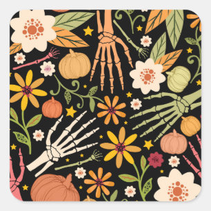Adesivo Quadrado Ossos de Halloween, padrão floral uniforme.