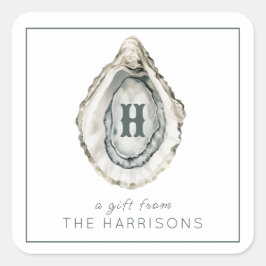 Adesivo Quadrado Ostra Costeira do Monograma de Aquarela