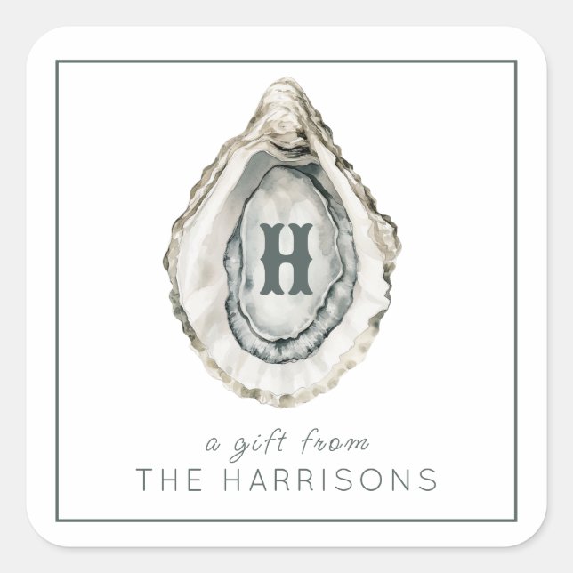 Adesivo Quadrado Ostra Costeira do Monograma de Aquarela (Frente)