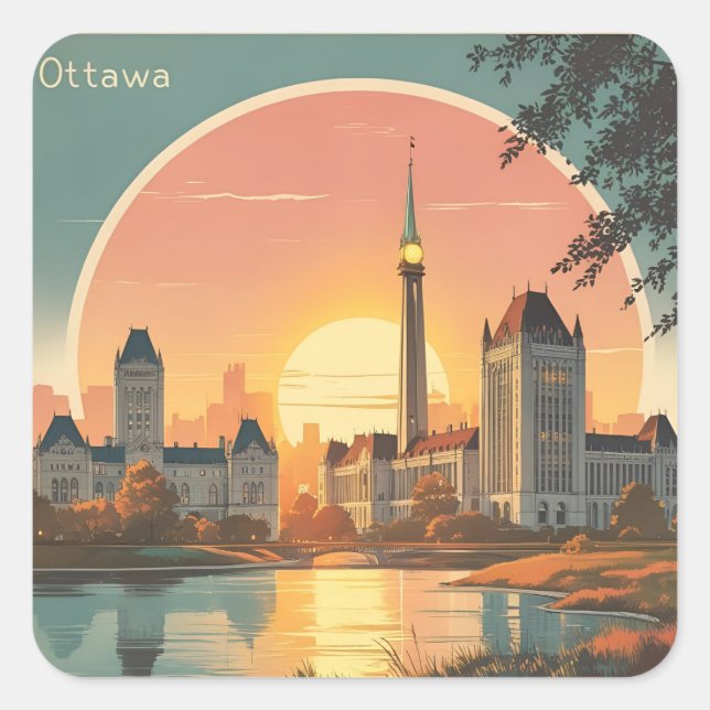 Adesivo Quadrado Ottawa Canada Skyline –Bold Retro Sunset Cityscape (Frente)