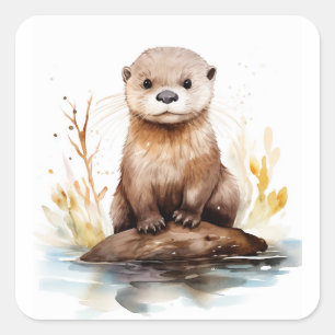 Adesivo Quadrado Otter Aquarela Adorável