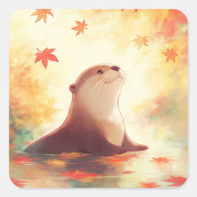 Adesivo Quadrado Otter in Water with Falling Autumn Maple Leaves (Frente)