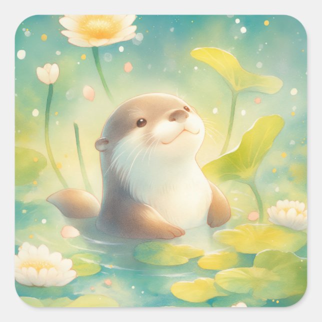 Adesivo Quadrado Otter in Water with Yellow and White Lily Flowers (Frente)