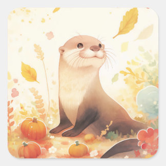 Adesivo Quadrado Otter with Small Pumpkins and Yellow Autumn Leaves