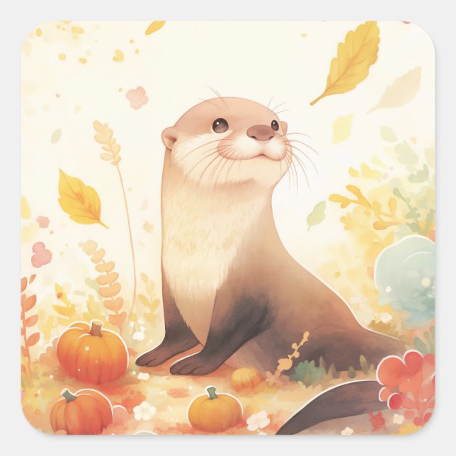 Adesivo Quadrado Otter with Small Pumpkins and Yellow Autumn Leaves (Frente)