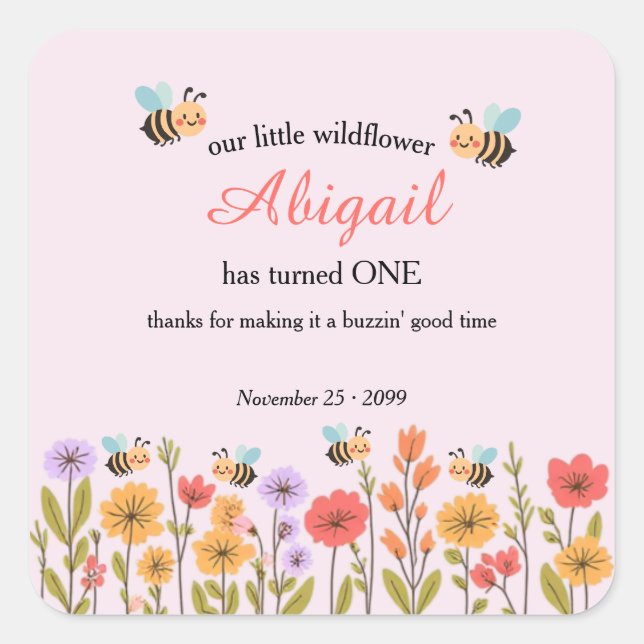 Adesivo Quadrado Our Little Wildflower Floral Bee 1st Birthday (Frente)