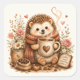 Adesivo Quadrado ouriço Fofo Bebendo Café Cozy Woodland