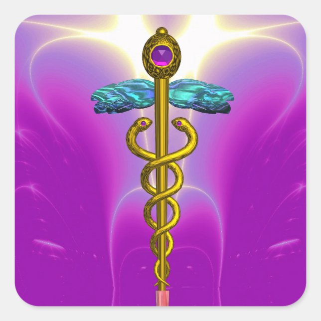 Adesivo Quadrado OURO CADUCEUS,Símbolo Médico Fúcsia Rosa (Frente)