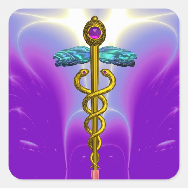 Adesivo Quadrado OURO CADUCEUS Símbolo Médico Vibrante Roxo Teal (Frente)